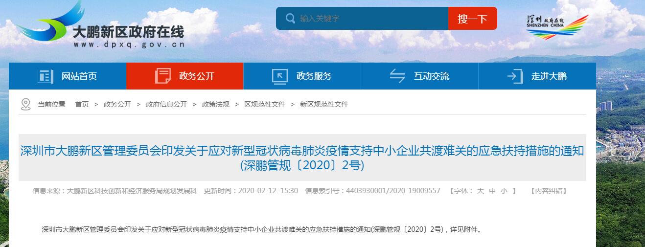 深圳大鵬新區(qū)應(yīng)對新型冠狀病毒肺炎疫情優(yōu)惠政策